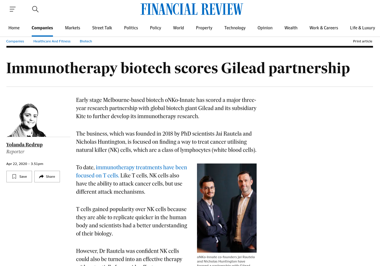 Immunotherapy biotech scores Gilead partnership