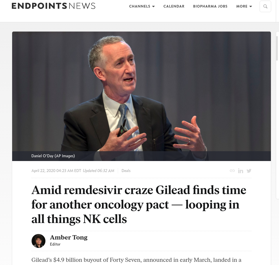 Amid remdesivir craze Gilead finds time for another oncology pact — looping in all things NK cells