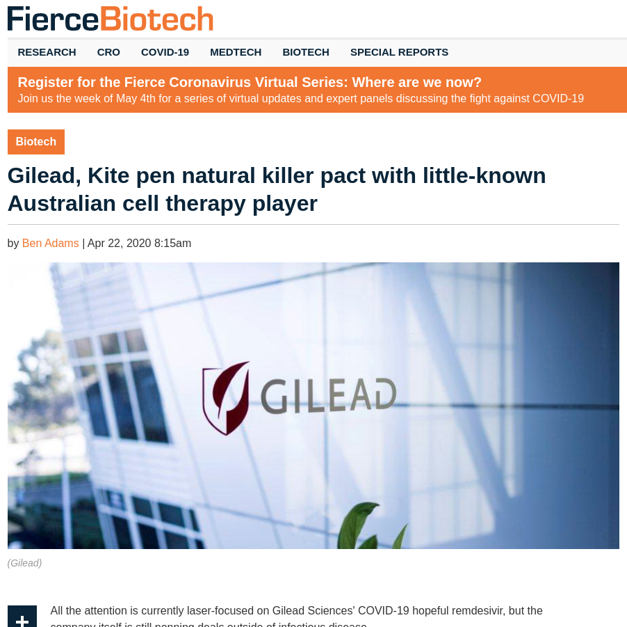 Gilead, Kite pen natural killer pact with little-known Australian cell therapy player
