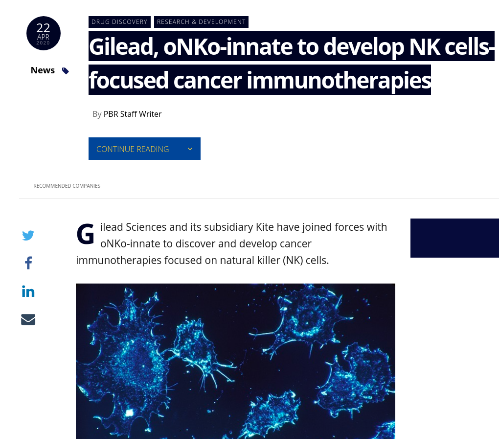 Gilead, oNKo-innate to develop NK cells-focused cancer immunotherapies